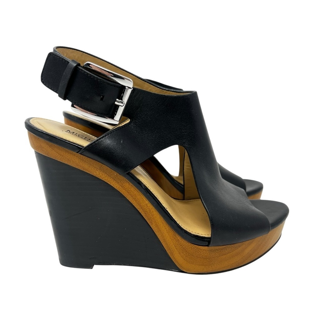 Michael Kors Black and Tan Wedge Sandals - Picture 2 of 9